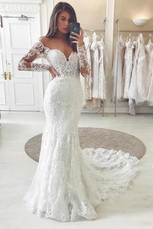 Gorgeous Long Mermaid Off-the-shoulder Lace Wedding Dress with Sleeves (ZD15048) - VelvetHem