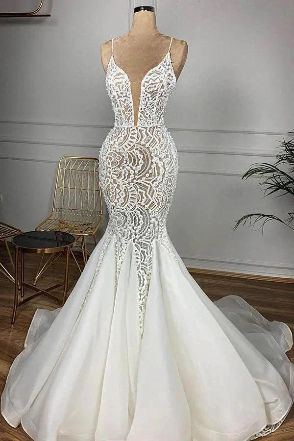 Gorgeous Long Mermaid Sweetheart Beaded Lace Organza Wedding Dress (ZD15799) - VelvetHem