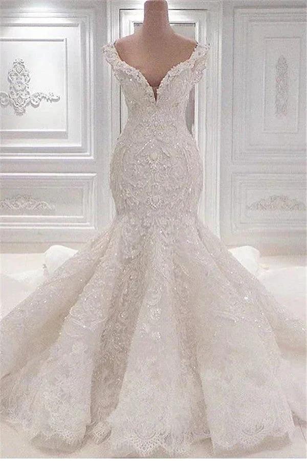 Gorgeous Long Mermaid V-neck Appliques Lace Ruffles Wedding Dress (ZD14325) - VelvetHem