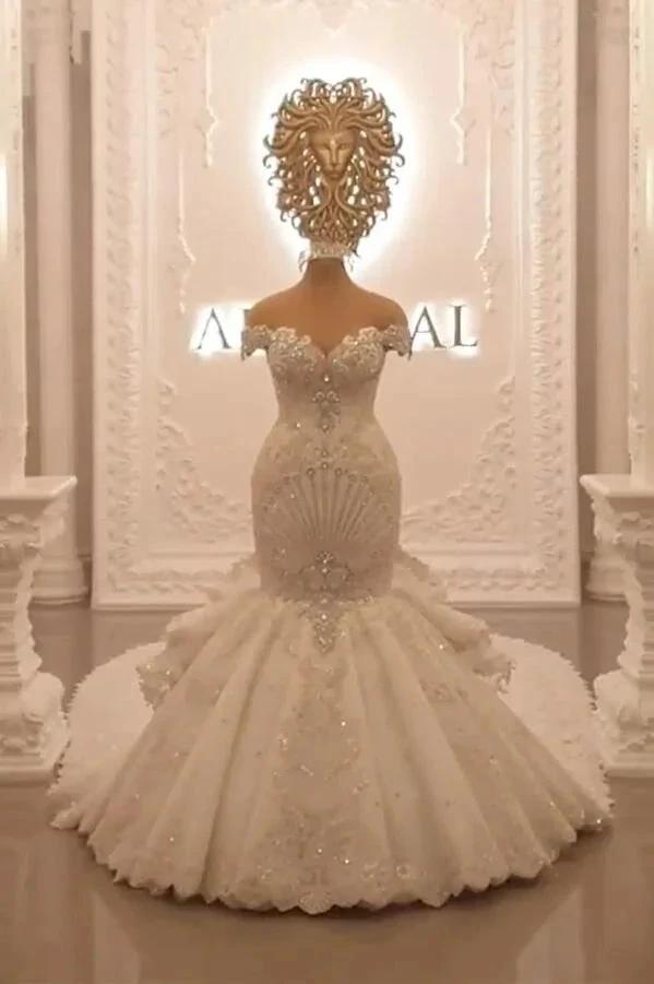 Gorgeous Long Off the Shoulder Crystal Backless Mermaid Wedding Dresses (ZD15195) - VelvetHem