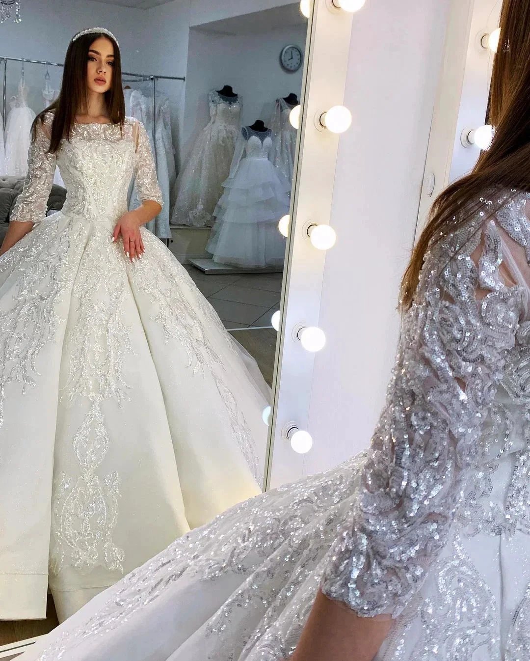 Gorgeous Long Princess Satin Bateau Appliques Lace Wedding Dress with Sleeves (ZD15050)