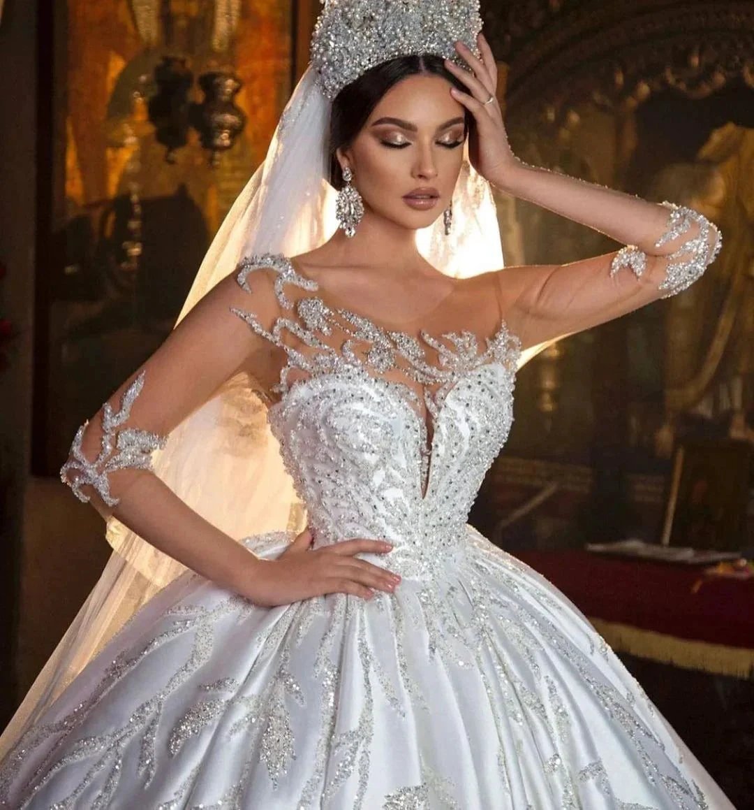 Gorgeous Long Princess Sweetheart Satin Wedding Dress with Sleeves (ZD15026)