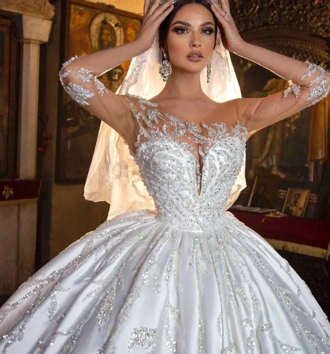 Gorgeous Long Princess Sweetheart Satin Wedding Dress with Sleeves (ZD15026)