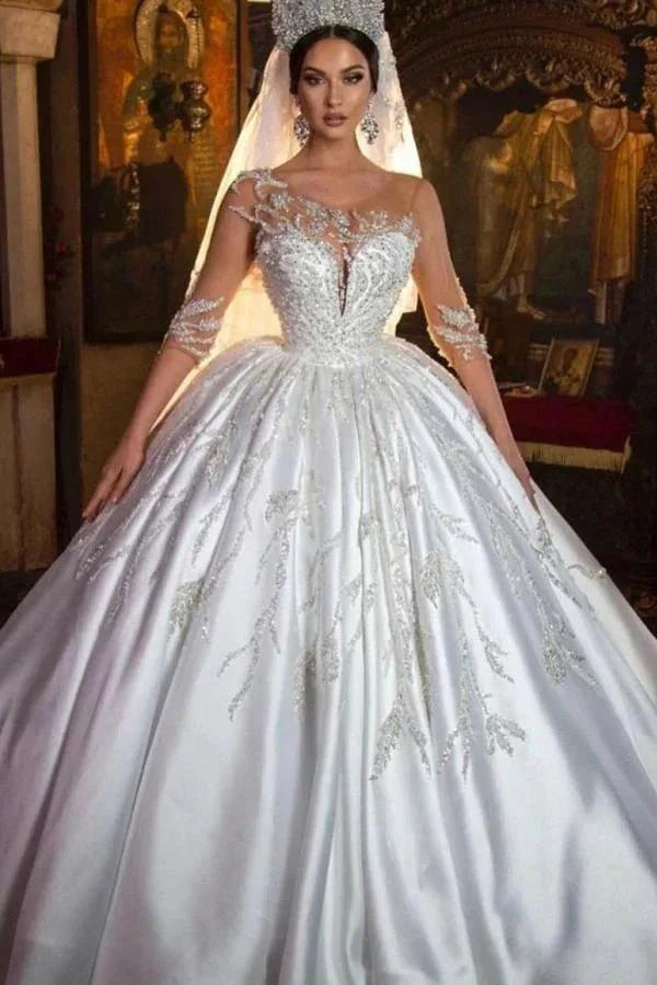 Gorgeous Long Princess Sweetheart Satin Wedding Dress with Sleeves (ZD15026) - VelvetHem