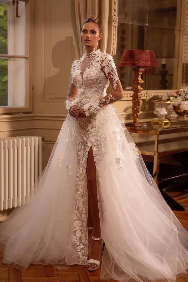 Gorgeous Long Sleeves A-line Jewel Tulle Lace Backless Wedding Dresses with Slit (ZD16700) - VelvetHem