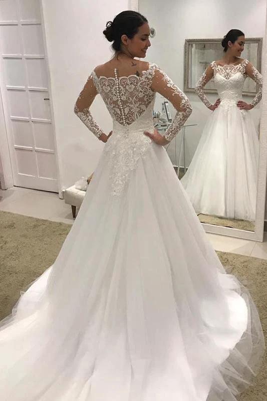 Gorgeous Long Sleeves A-line Tulle Lace Wedding Dress (ZD15852) - VelvetHem