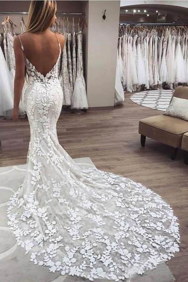 Gorgeous Mermaid Straps Open Back Lace Wedding Dresses (ZD16297) - VelvetHem