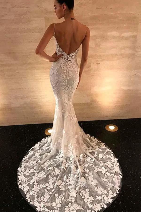Gorgeous Mermaid Straps Open Back Lace Wedding Dresses (ZD16297)