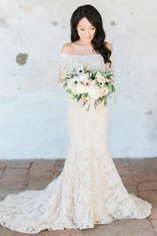 Gorgeous Off Shoulder Ivory Lace Long Sleeves Mermaid Wedding Dress (ZD16058) - VelvetHem