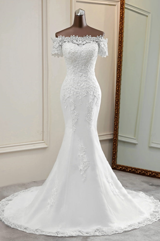 Gorgeous Off-the-Shoulder Lace Mermaid Wedding Dresses Short Sleeves Rhinestons Bridal Gowns (ZD17451) - VelvetHem