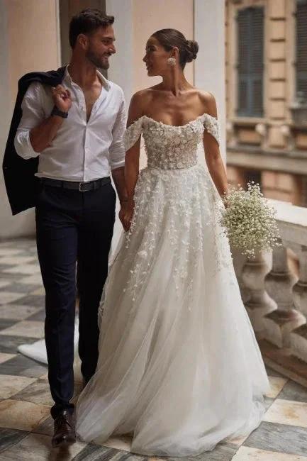 Gorgeous Off-the-shoulder Lace Tulle Appliques A-line Wedding Dress (ZD16449) - VelvetHem