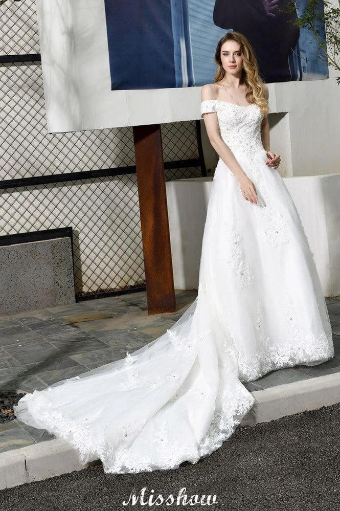 Gorgeous Off the Shoulder White aline Bridal Gown Garden Lace Appliques Wedding Dress (ZD13961)