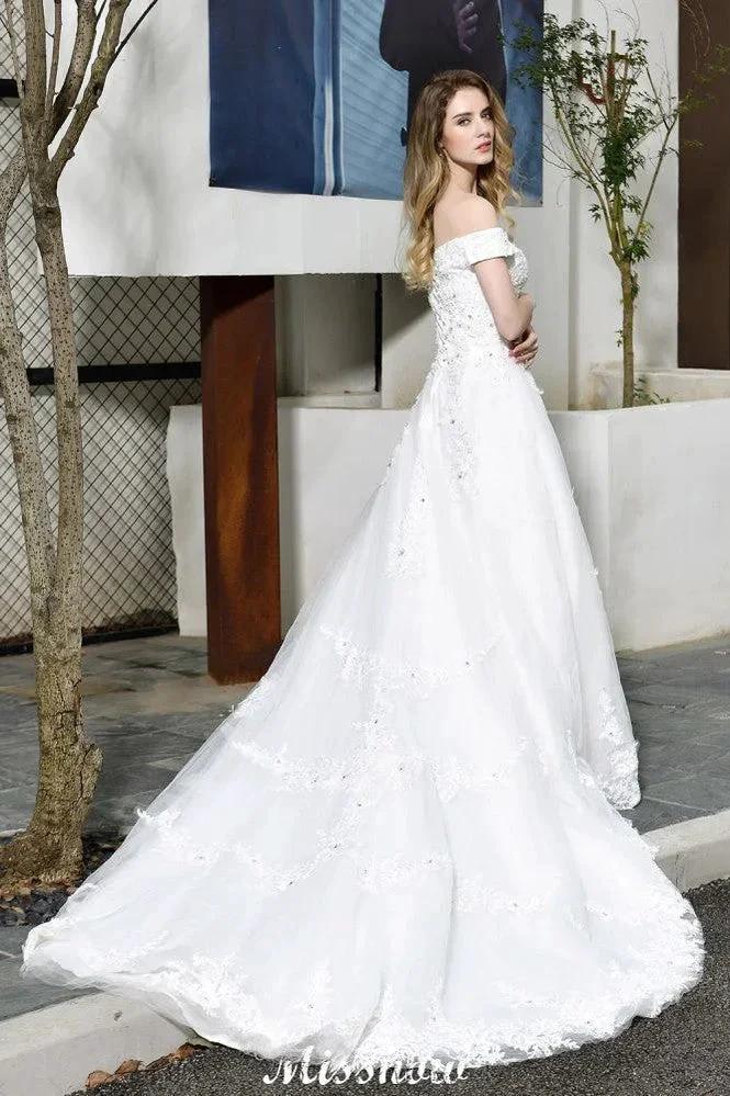 Gorgeous Off the Shoulder White aline Bridal Gown Garden Lace Appliques Wedding Dress by misshow.com