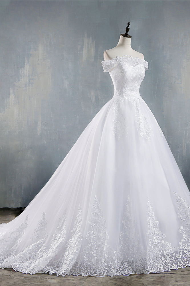 Gorgeous Off-the-Shoulder White Tulle Wedding Dress Lace Appliques Bridal Gowns On Sale (ZD17461)
