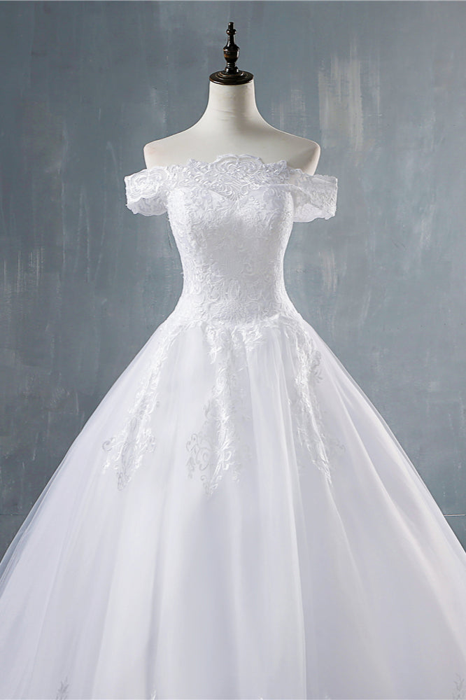 Gorgeous Off-the-Shoulder White Tulle Wedding Dress Lace Appliques Bridal Gowns On Sale (ZD17461)