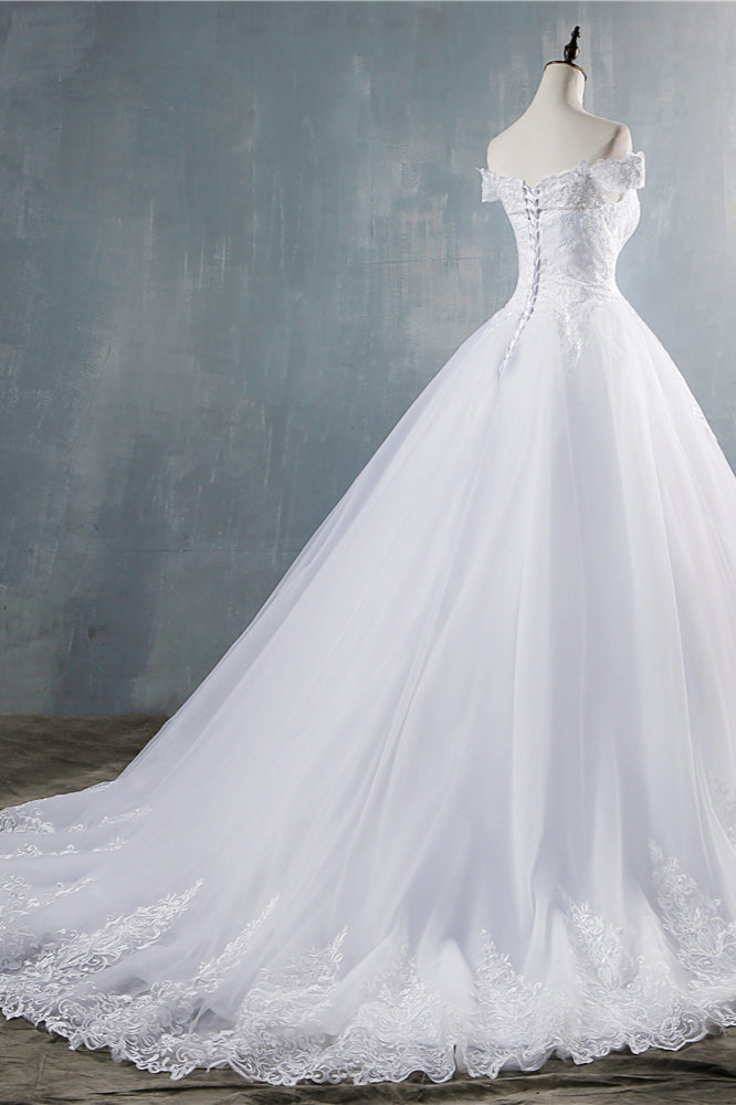 Gorgeous Off-the-Shoulder White Tulle Wedding Dress Lace Appliques Bridal Gowns On Sale (ZD17461)
