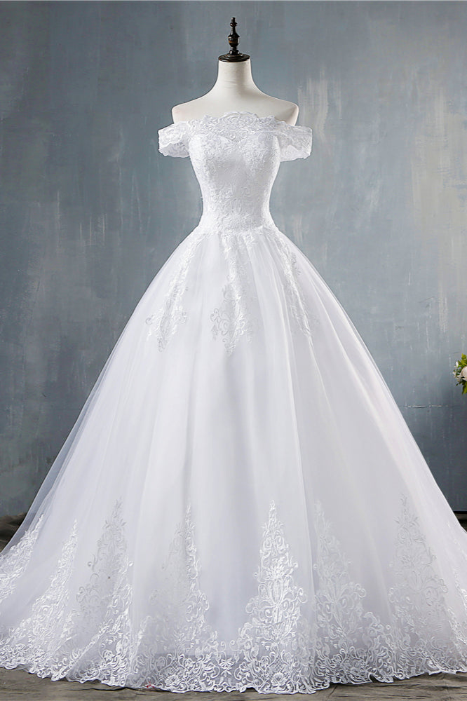 Gorgeous Off-the-Shoulder White Tulle Wedding Dress Lace Appliques Bridal Gowns On Sale (ZD17461) - VelvetHem