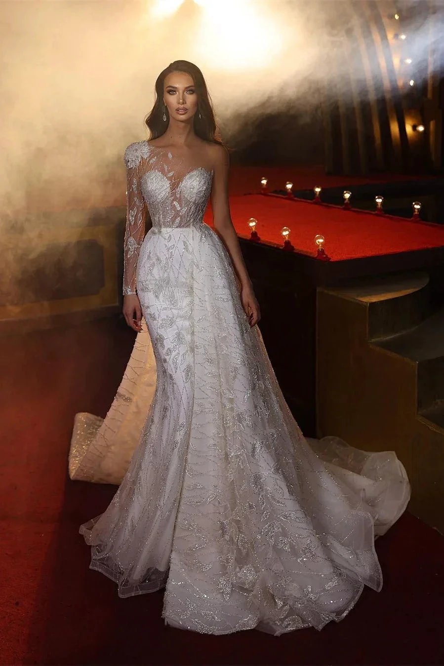 Gorgeous One Shoulder Long Sleeve Mermaid Wedding Dress With Lace (ZD14620)