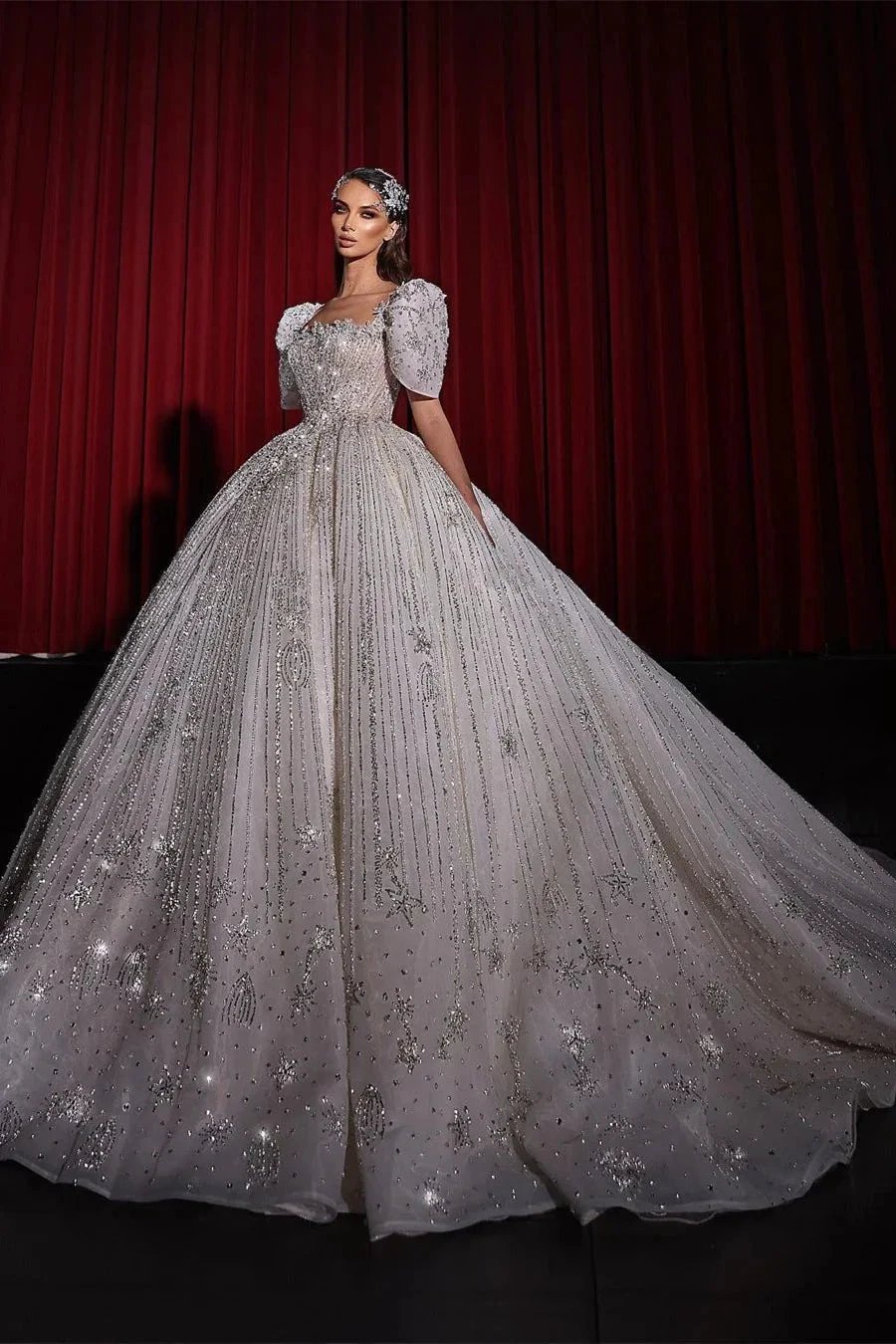 Gorgeous Princess A-line Beading Short Sleeves Wedding Dress With Lace (ZD14524) - VelvetHem