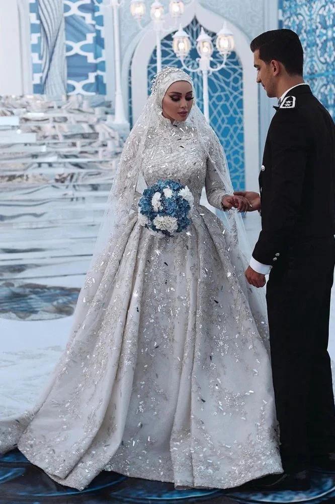 Gorgeous Sequins Bridal Gown Long Sleeves Highneck Sweep Train (ZD16596)