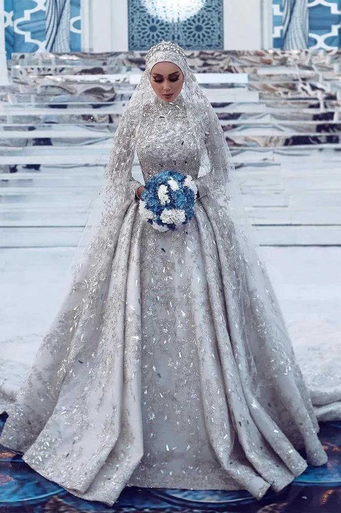 Gorgeous Sequins Bridal Gown Long Sleeves Highneck Sweep Train (ZD16596) - VelvetHem