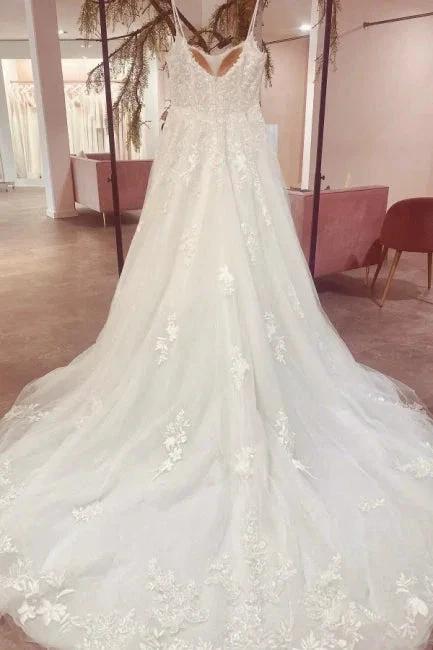Gorgeous Spaghetti Strap Sleeveless A-Line Floor-Length Tulle Wedding Dresses with Court Train (ZD14674)