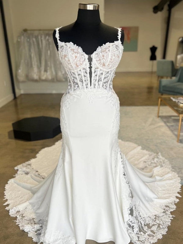 Satin Backless Sweetheart Mermaid Wedding Dress With Lace Train - VelvetHem