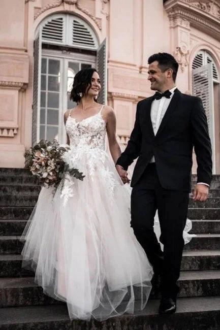 Gorgeous Spaghetti Straps Sleeveless A-Line Tulle Wedding Dresses with Pattern (ZD14653) - VelvetHem