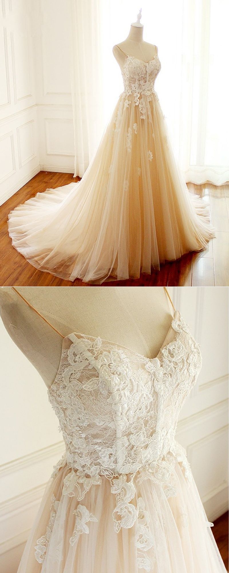 Gorgeous Sweetheart Creamy Tulle Wedding Dress Spaghetti Straps Sweep Train Bridal Gowns On Sale (ZD17440)