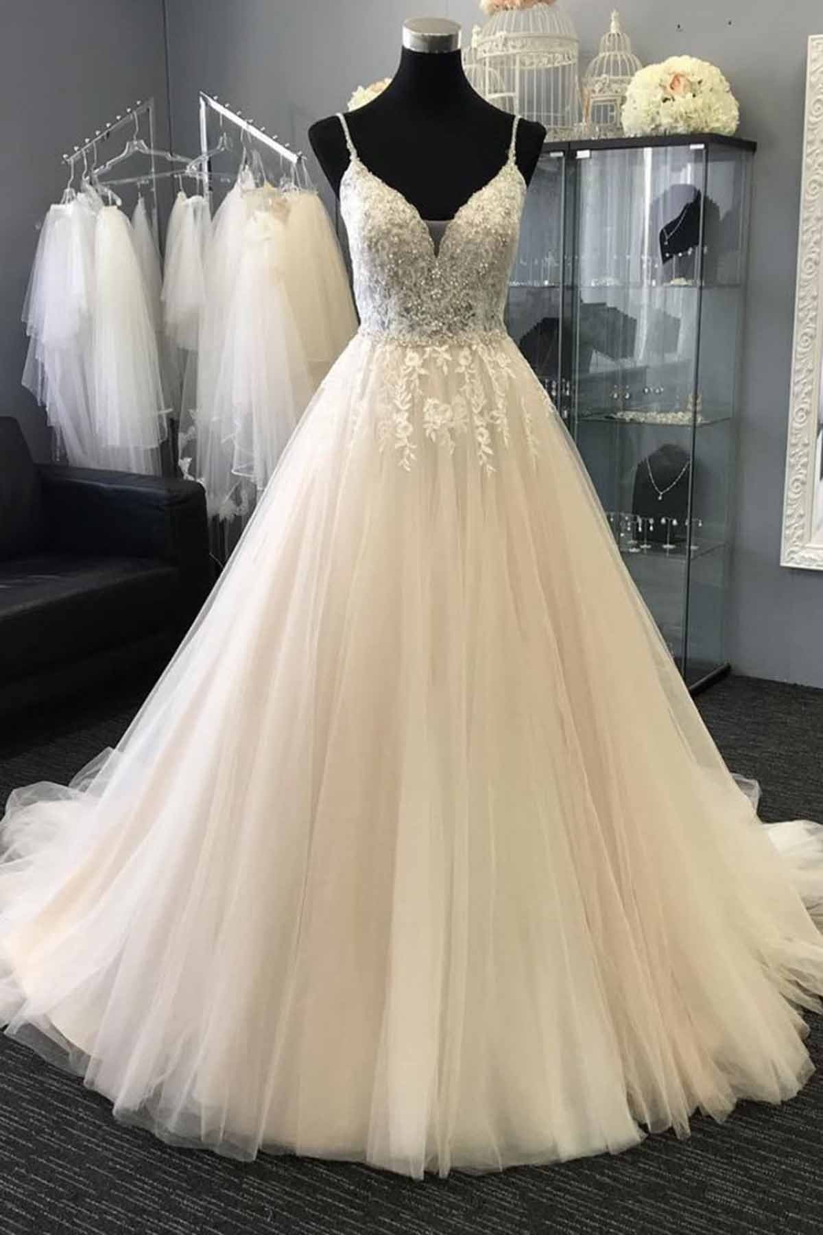 Gorgeous Sweetheart Lace Top White Long Wedding Dress Spaghetti Straps Sleeveless Bridal Gowns On Sale (ZD17444) - VelvetHem