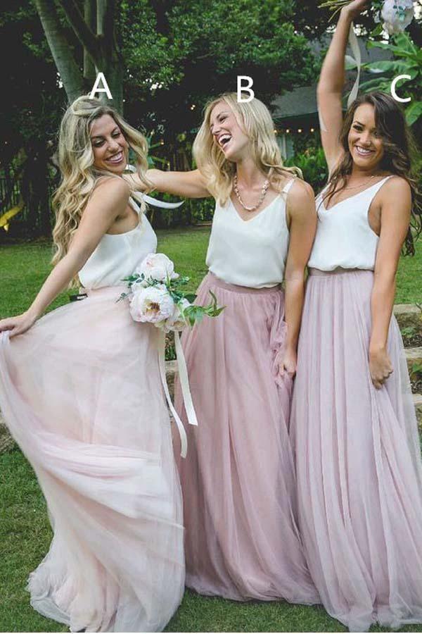 Gorgeous Two Piece Pink Tulle Long Bridesmaid Dress with White Top (ZD13243) - VelvetHem