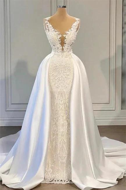Gorgeous V-neck Sleeveless A-line Wedding Dress With Detachable Train (ZD16461)
