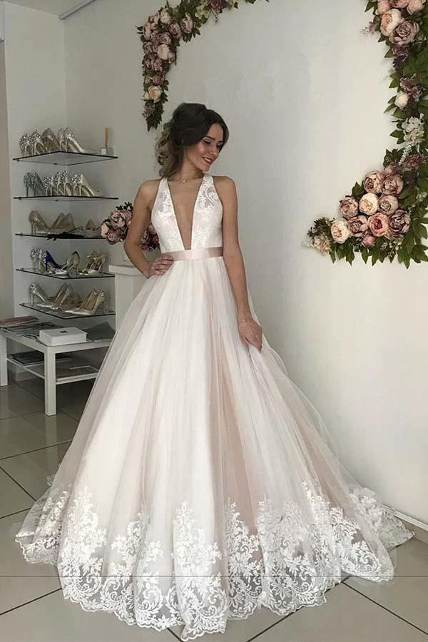 Gorgeous V-Neck Sleeveless Tulle Wedding Dresses Bridal Gowns (ZD15396)
