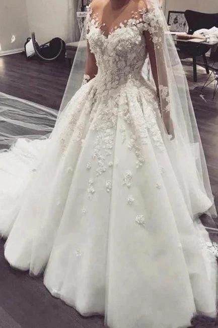 Gorgeous White 3D Floral Lace Wedding Dress Jewel Neck Tulle Aline Bridal Dress with Long Sleeves (ZD16469)