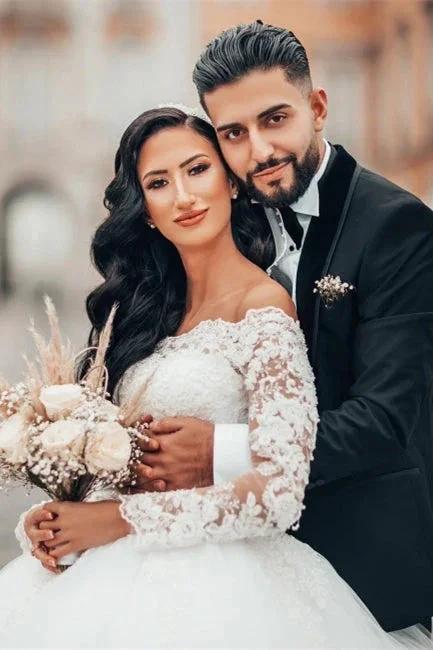 Gorgeous White Long Sleeves Lace Ball Gown Aline Floral Tulle Wedding Dresses (ZD13897)