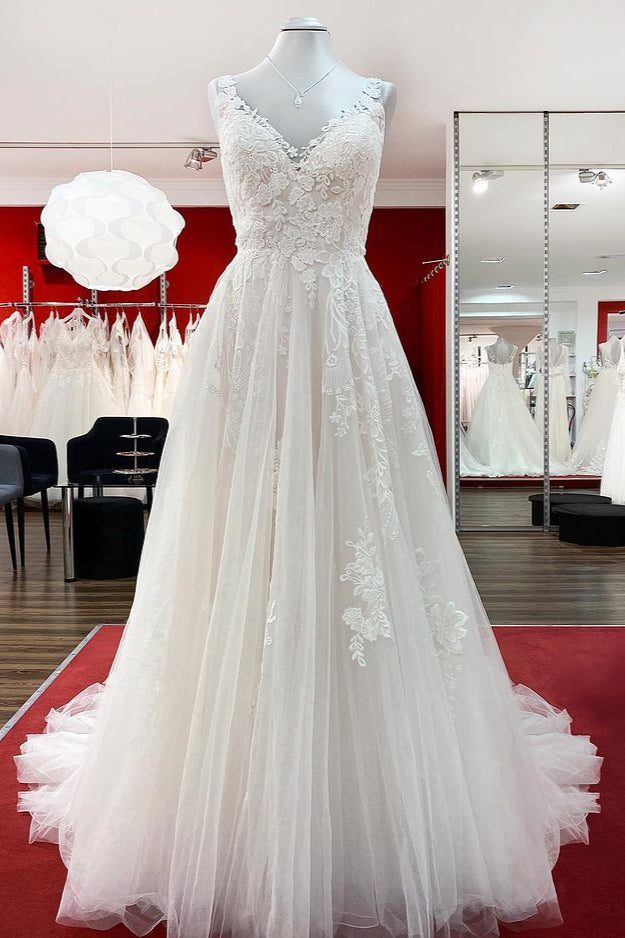 Graceful Ivory Tulle V Neck Lace Ruffles A-Line Wedding Dresses (ZD17498) - VelvetHem