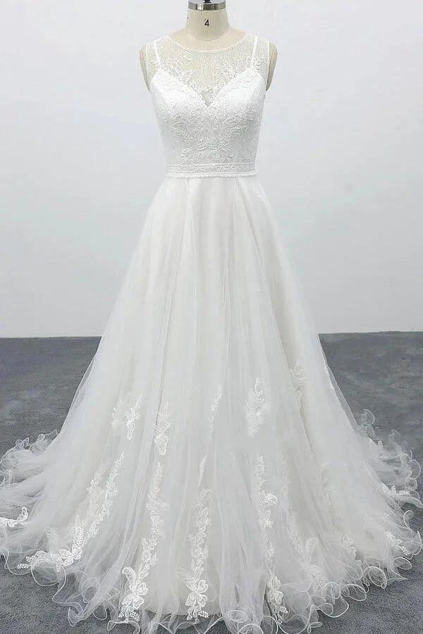 Graceful Long A-line Appliques Tulle Backless Wedding Dress (ZD15786) - VelvetHem