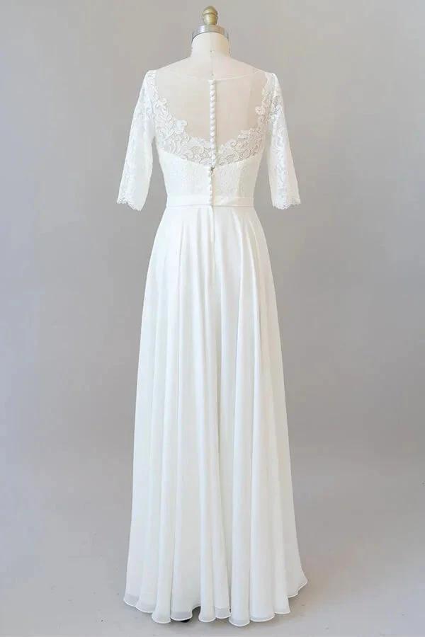 Graceful Long A-line Lace Chiffon Wedding Dress with Sleeves (ZD14385)