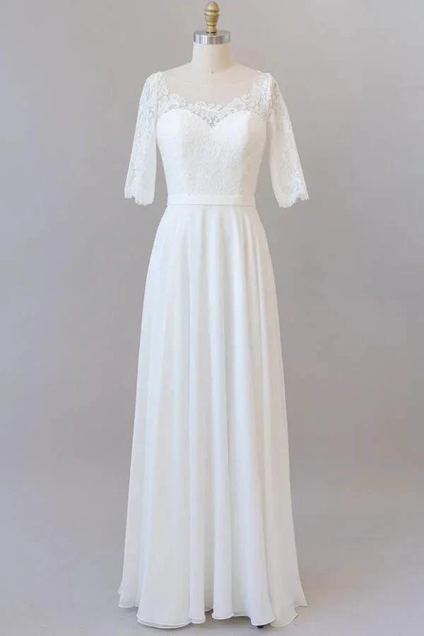 Graceful Long A-line Lace Chiffon Wedding Dress with Sleeves (ZD14385) - VelvetHem