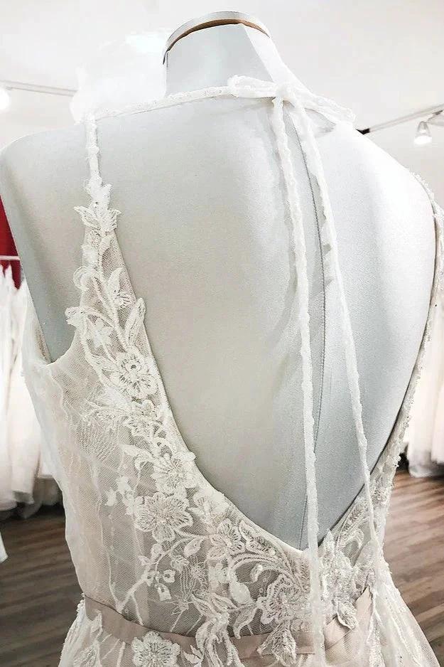Graceful Long A-line Tulle V-neck Lace Backless Wedding Dresses (ZD14449)