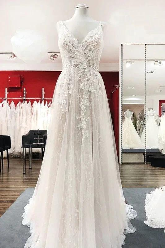 Graceful Long A-line Tulle V-neck Lace Backless Wedding Dresses (ZD14449)