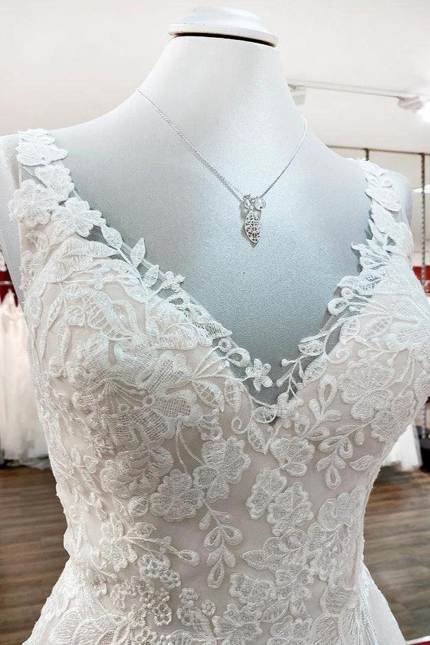 Graceful Long A-line Tulle V Neck Lace Open Back Wedding Dresses (ZD15267)