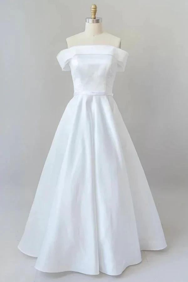 Graceful Long Ball Gown Off Shoulder Satin Wedding Dress (ZD14378) - VelvetHem
