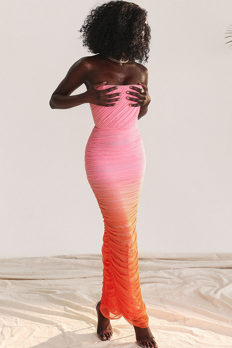 Gradient Strapless Mesh Ruched Bodycon Corset Evening Maxi Dress - Pink