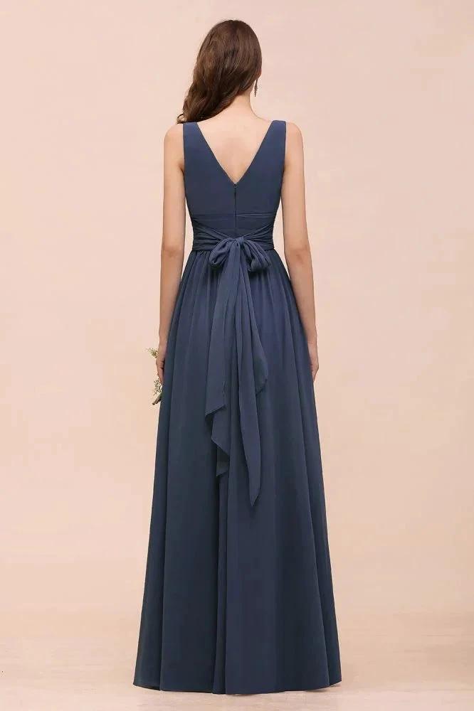 Gray Side Split Bridesmaid Dress V-Neck Sleeveless Floor Length dress for Bride (ZD13019)