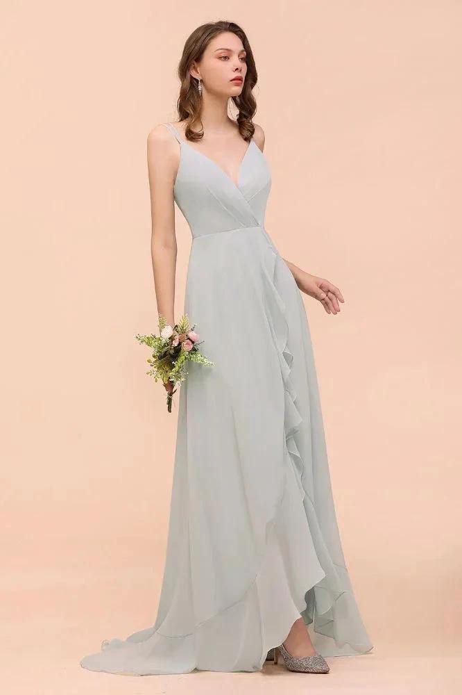Grey Bridesmaid Dress Spaghetti V-Neck Ruffle Beach Wedding Party Dress (ZD12991)