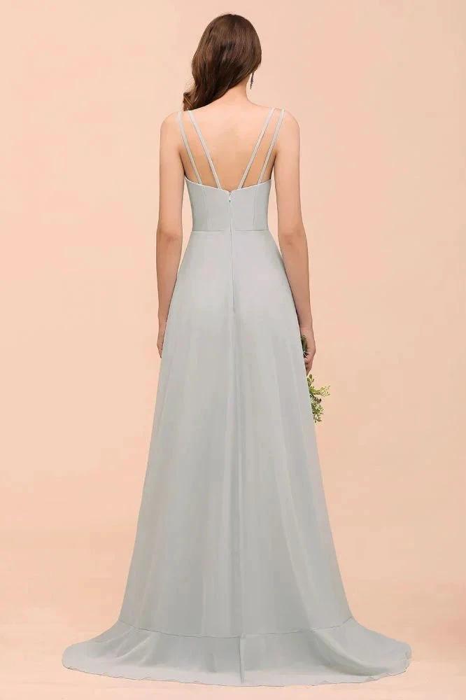 Grey Bridesmaid Dress Spaghetti V-Neck Ruffle Beach Wedding Party Dress (ZD12991)