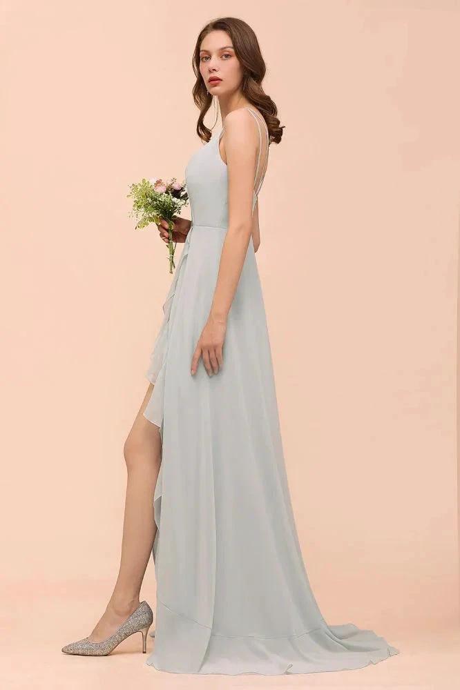 Grey Bridesmaid Dress Spaghetti V-Neck Ruffle Beach Wedding Party Dress (ZD12991)