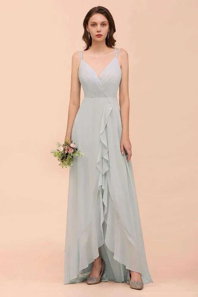Grey Bridesmaid Dress Spaghetti V-Neck Ruffle Beach Wedding Party Dress by misshow.com