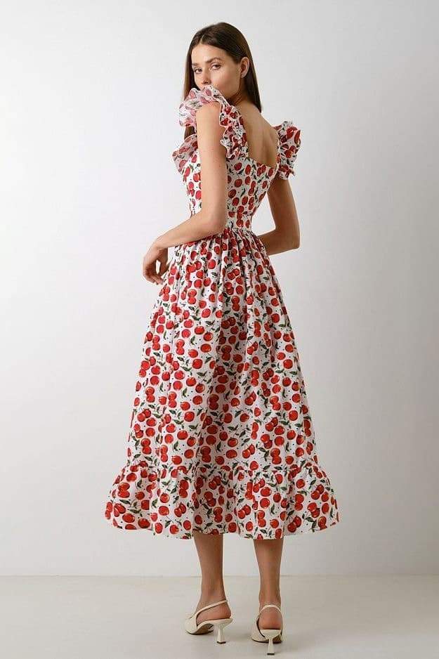 Olga Boutique Ruffled Cherry Print Midi Dress Evening Wear Edit